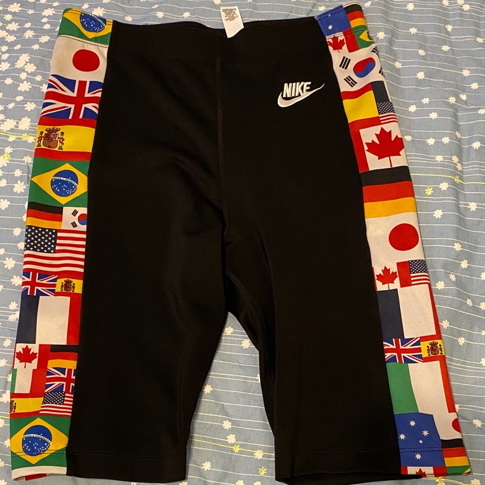 Nike Black Shorts with Multicolor International Flag Side Panels, no wear